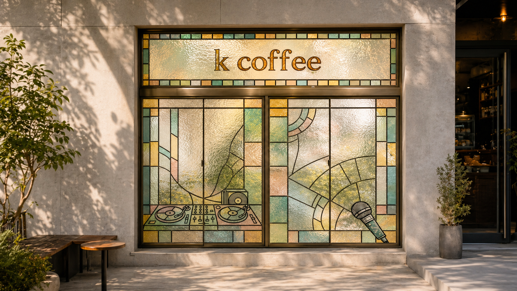 ステンドグラスの窓にk coffeeの看板、ターンテーブル、マイクが描かれた店舗外観